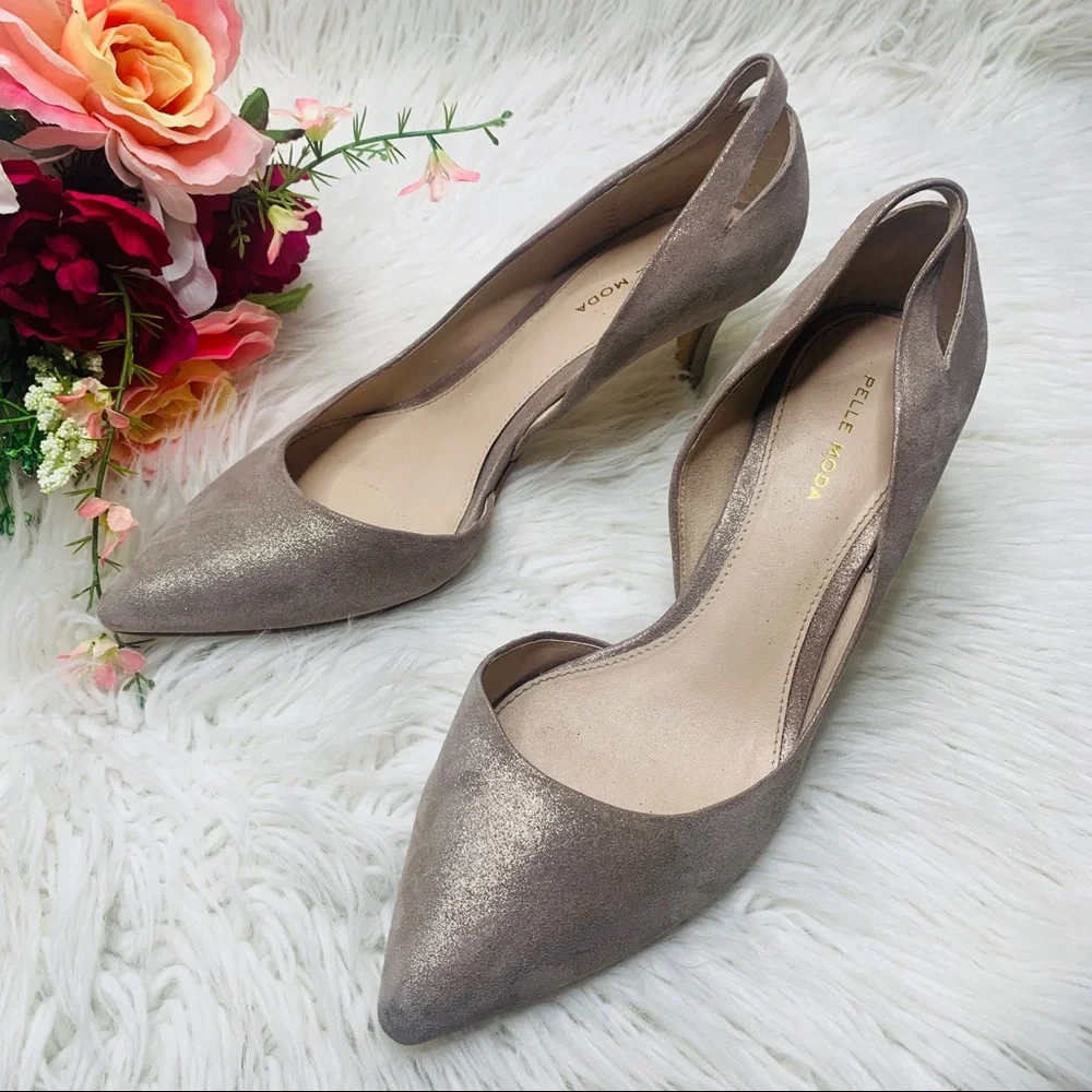 PELLE MODA Tan Suede Shimmer Heels Size 9.5
